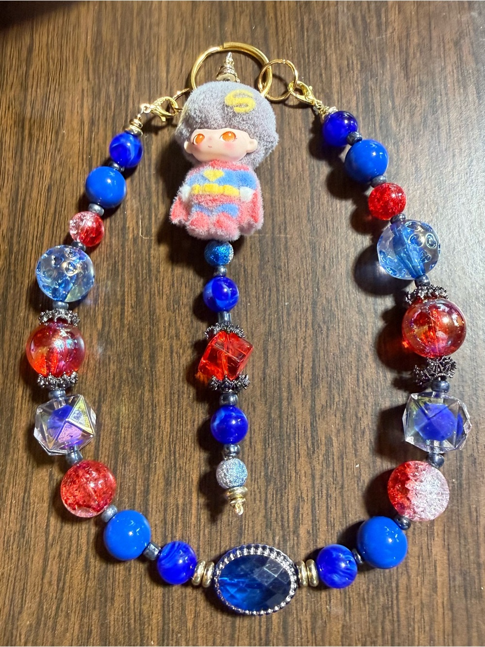 Plush Character  Beaded Kids Keychain - Blue & Red